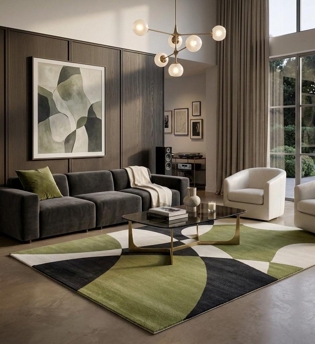 Olive Green Abstract Rug – Modern Geometric Area Carpet, Dark Cream ...