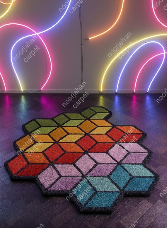 ゆー　幾何学模様のカラフルムートンラグ　少々難あり　190x190cm カラフルな幾何学模様のラグ 【公式通販】