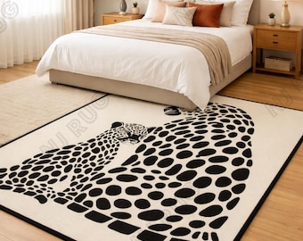 Hand-Tufted Leopard Print Rug, Black and White Animal Carpet