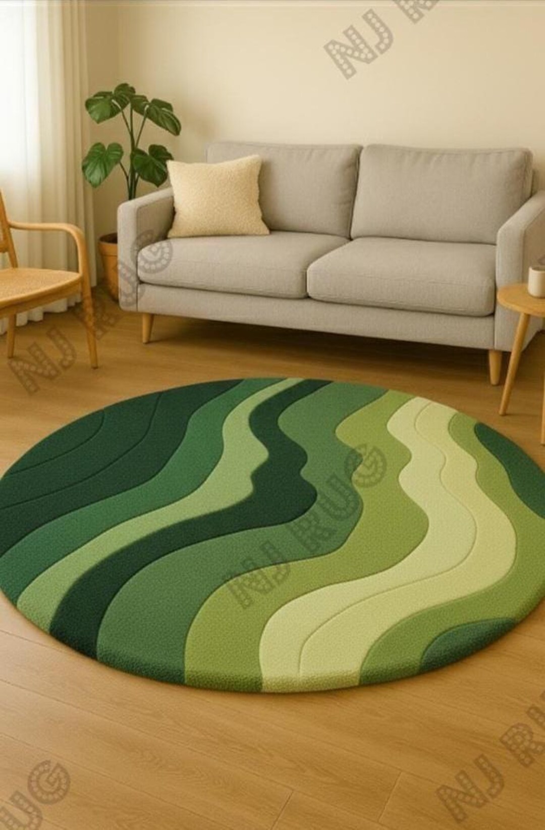Round Green Wavy Rug – Modern Abstract Area Carpet –nature Inspired ...