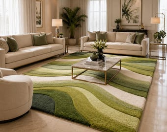 Green Abstract Area Rug, Wavy Modern Wool Rug, Organic Wave Design, Hand Tufted Statement Rug for Living Room Bedroom Decor