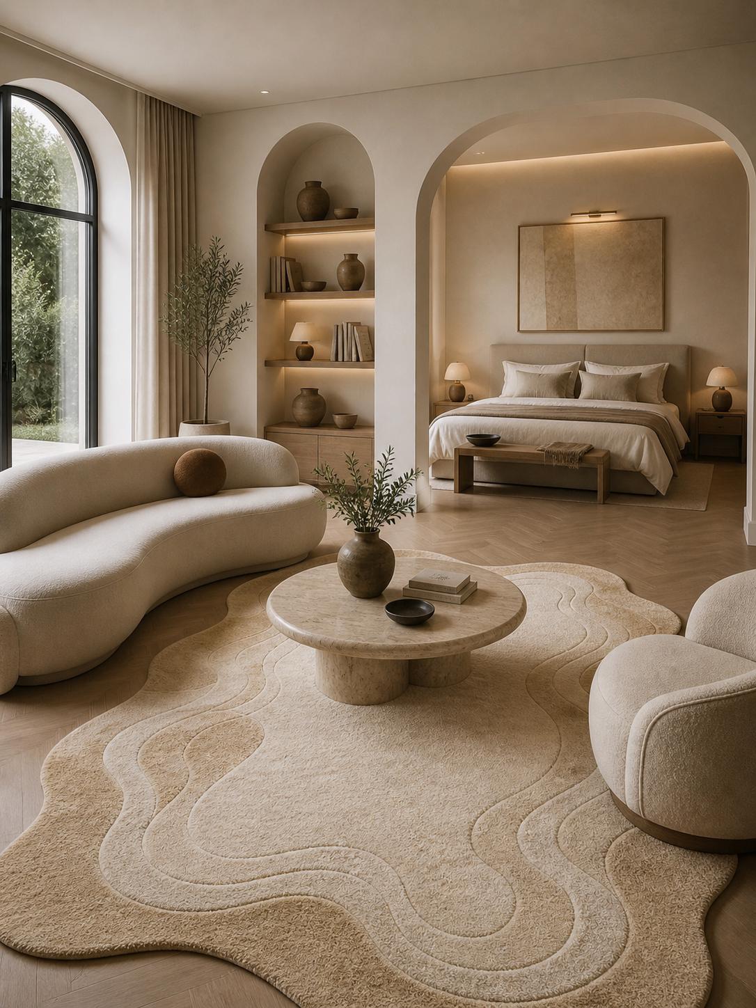 Irregular Shape Hand Tufted Wool Rug, Neutral Abstract Area Rug ...