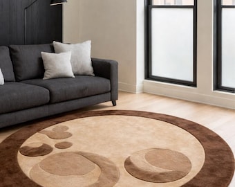 Round Wool Rug, Abstract Circle Area Rug, Hand Tufted Modern Rug, Luxury Brown Beige Carpet, Custom Round Rug, Living Room Decor