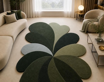 Modern Organic Shape Rug, Green Abstract Tufted Rug, Irregular Area Rug, Minimalist Luxury Carpet, Contemporary Living Room Rug