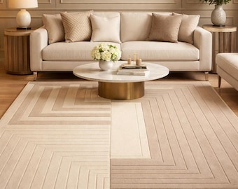 Tappeto geometrico annodato a mano, tappeto beige crema, soggiorno minimalista neutro