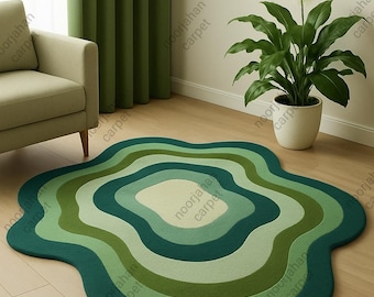 Organic Shape Rug, Green Abstract Tufted Rug, Modern Irregular Area Carpet, Scandinavian Wavy Sage Olive Rug, Unique Home Decor