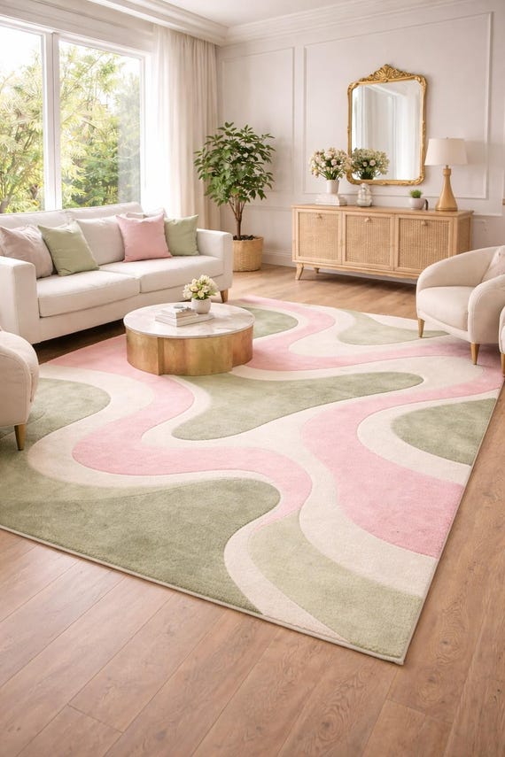 Handgetufteter Wollteppich, moderner pastellrosa-grüner Teppich, zeitgenössischer Wohnzimmerteppich, kunstvoller Designerteppich, weicher, ästhetischer Teppich