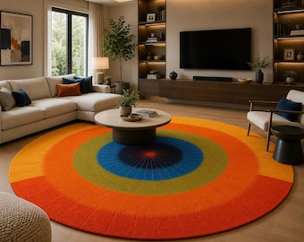 Hand Tufted Round Rug, Colorful Abstract Sunburst Carpet, Modern Circle Rug, Boho Mid Century Home Decor