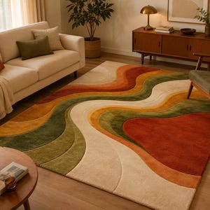 May include: A rectangular area rug featuring a series of flowing, wavy bands in shades of cream, mustard yellow, olive green, and burnt orange. The design consists of smooth, curved lines that create a layered, organic pattern across the surface.