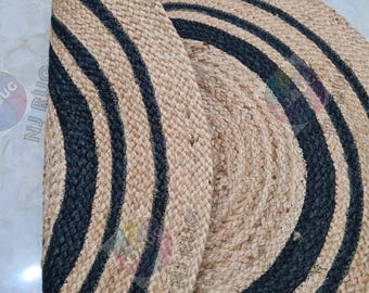 Round Jute Rug, Black Rings, Handwoven Boho Farmhouse Decor