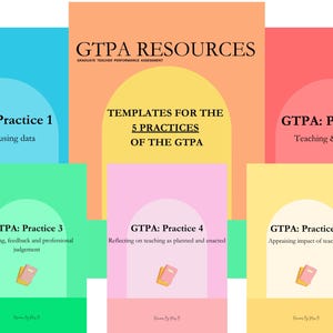 Puede incluir: Un conjunto de cinco tarjetas coloridas con el título "GTPA Resources" y el texto "Plantillas para las 5 prácticas del GTPA". Cada tarjeta presenta una práctica diferente del GTPA, con títulos como "Práctica 1: Planificación utilizando datos" y "Práctica 2: Enseñanza y aprendizaje".
