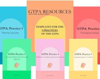 May include: A set of five colourful cards with the title "GTPA Resources" and the text "Templates for the 5 Practices of the GTPA". Each card features a different practice of the GTPA, with titles like "Practice 1: Planning using data" and "Practice 2: Teaching & Learning".