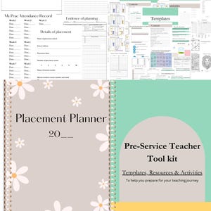 Puede incluir: Un planificador turquesa y amarillo con un patrón de margarita y el texto "Placement Planner 20__" en el lado izquierdo. El lado derecho tiene el texto "Pre-Service Teacher Tool Kit" y "Templates, Resources & Activities" con el texto "Para ayudarte a prepararte para tu viaje de enseñanza".