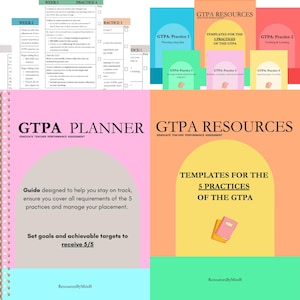 May include: A pink and orange printable planner and resource guide for teachers. The planner is titled "GTPA Planner" and the resource guide is titled "GTPA Resources". Both guides feature the text "Graduate Teacher Performance Assessment".