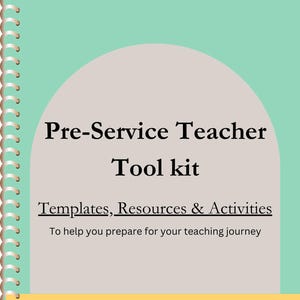 Op de afbeelding: Een turquoise en grijze omslag met de tekst "Pre-Service Teacher Tool Kit" en "Templates, Resources & Activities" met de tekst "To help you prepare for your teaching journey". De onderkant van de omslag is geel met de tekst "ResourcesByMissB".