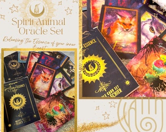 May include: A set of oracle cards with a gold and black design. The cards feature illustrations of animals and the text "Spirit Animal Essence" and "Oracle Card Set Schier".