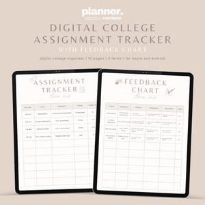 Könnte beinhalten: Eine digitale Vorlage für einen College-Aufgaben-Tracker und ein Feedback-Diagramm zur Organisation und Nachverfolgung von Aufgaben und Feedback. Die Vorlage ist für die Verwendung auf Apple- und Android-Geräten konzipiert. Die Vorlage enthält Abschnitte für Fälligkeitstermin, Kurs, Aufgabe, Format, Gewicht und Feedback.