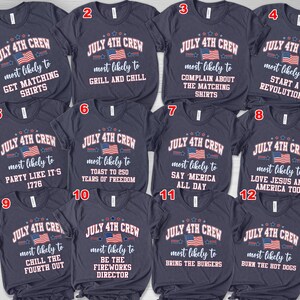 May include: A collection of twelve dark navy blue short-sleeve t-shirts, each featuring the text JULY 4TH CREW, a small American flag graphic, and unique phrases such as most likely to grill and chill, party like it's 1776, or bring the burgers.
