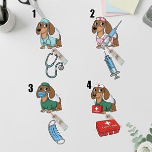 May include: Set of four dachshund stickers in medical attire. One sticker shows a dog with a stethoscope, another with a syringe, a third with a face mask, and the last with a first aid kit. Each sticker is a different pose.
