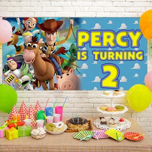 Toy Story Birthday Banner, Custom Toy Story Party Backdrop, Woody and Buzz Birthday Decoration, Pixar Movie Kids Party Decor Sign NGQ213