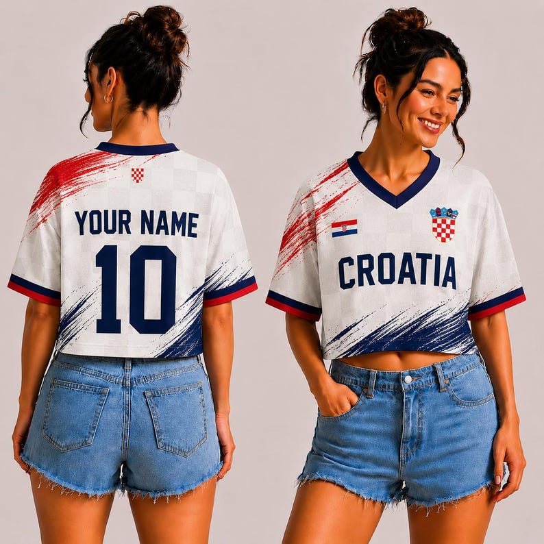 Custom Croatia Football Jersey Croptop, Personalized Soccer Crop Top, Fan Shirt, Custom Name Number, Game Day Tee CRD-JH204 image 2