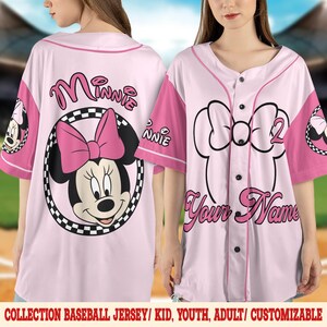 Custom Minnie Checked Baseball Jersey, Mickey and Friends Baseball Shirt, Minnie Pink Birthday Gift, Magic Kingdom Family Summer Trip NGPH10
