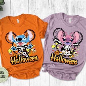 Disney Stitch and Angel Halloween Costume Shirt, Funny Stitch Skeleton Halloween Couple Shirt, Disneyland Halloween Matching Shirt NEVT28