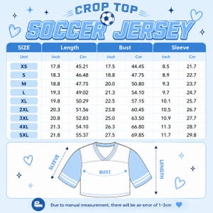 May include: A light blue and white size chart for a crop top soccer jersey. The chart displays measurements in inches and centimetres for sizes XS through 5XL, including length, bust, and sleeve dimensions, with a diagram showing measurement points.