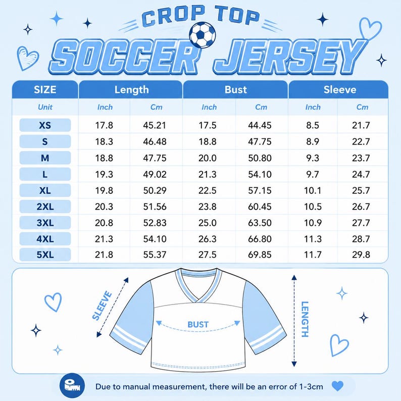 May include: A light blue and white size chart for a crop top soccer jersey. The chart displays measurements in inches and centimetres for sizes XS through 5XL, including length, bust, and sleeve dimensions, with a diagram showing measurement points.