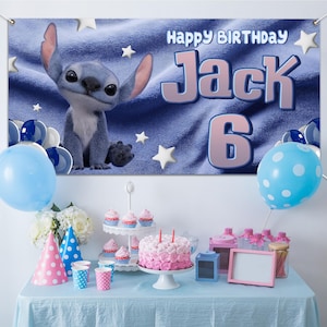 Custom Disney Stitch Birthday Backdrop, Cute Blue Monster Birthday Party Decor Supplies, Lilo And Stitch Decorations, Stitch Banner JCNG13