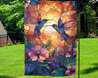 Stained Glass Hummingbird Garden Flag, Artistic Garden Flag, Floral Yard Flag, Summer Bird Decor, House Banner, Spring Flag C1ET01