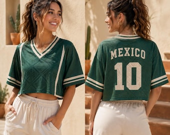 Mexico Soccer Cropped Football Jersey, Green V Neck Custom Name Number Shirt, Women Sport Jersey, Personalized Team Fan Top GRD-GLLA33