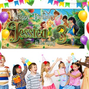 Personalized Tinkerbell Birthday Banner, Tinkerbell Party Backdrop, Peter Pan Fairy Theme Birthday Decoration, Disney Fairy Birthday NGQ214