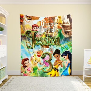 Personalized Tinkerbell Birthday Banner, Tinkerbell Party Backdrop, Peter Pan Fairy Theme Birthday Decoration, Disney Fairy Birthday NGQ214