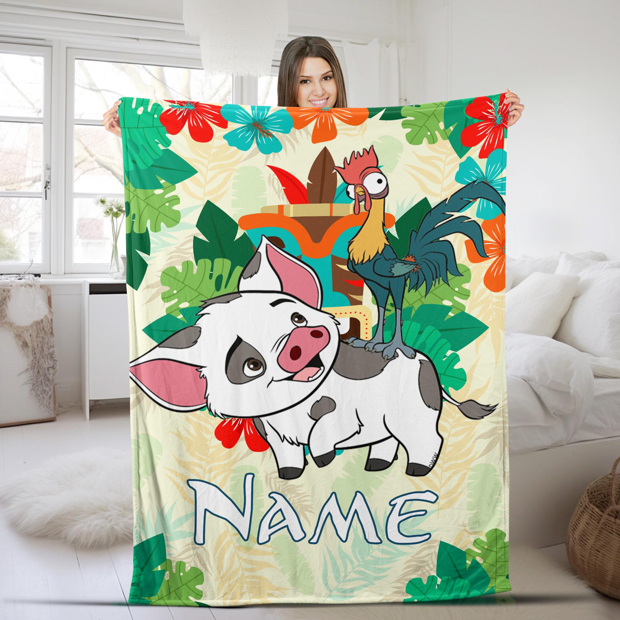 Discover Personalized Disney Pua And Hei Hei Blanket, Custom Name Disney Moana Blanket