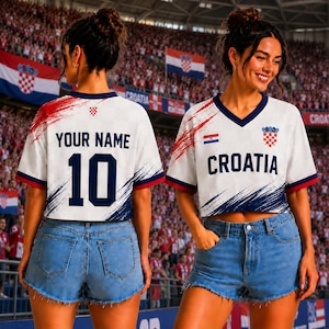 May include: A white cropped V-neck jersey with navy blue and red brushstroke accents. The front features the text CROATIA, a small Croatian flag, and a crest. The back displays the text YOUR NAME and the number 10 in navy blue lettering.