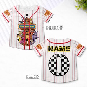 May include: White baseball jersey with red pinstripes and accents. The front features a colorful graphic with the text "BIRTHDAY BOY" and various cartoon characters. The back has "NAME" and a checkered "0".