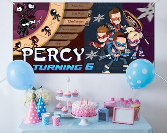thumbnail image 2 of Ninja Happy Birthday Banner Background Cartoon Japanese Style Ninja Theme Door Decoration For Kids Boys Girls Warrior Birthday Party Decorations Photo Studio Props Accessories 35.4 X 72.8 Inches 2 of 11