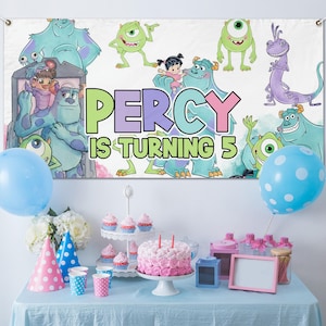 Custom Monster Inc Backdrop Banner, Mike Wazowski, James P Sullivan, Birthday Banner, Birthday Party Decor C1E416