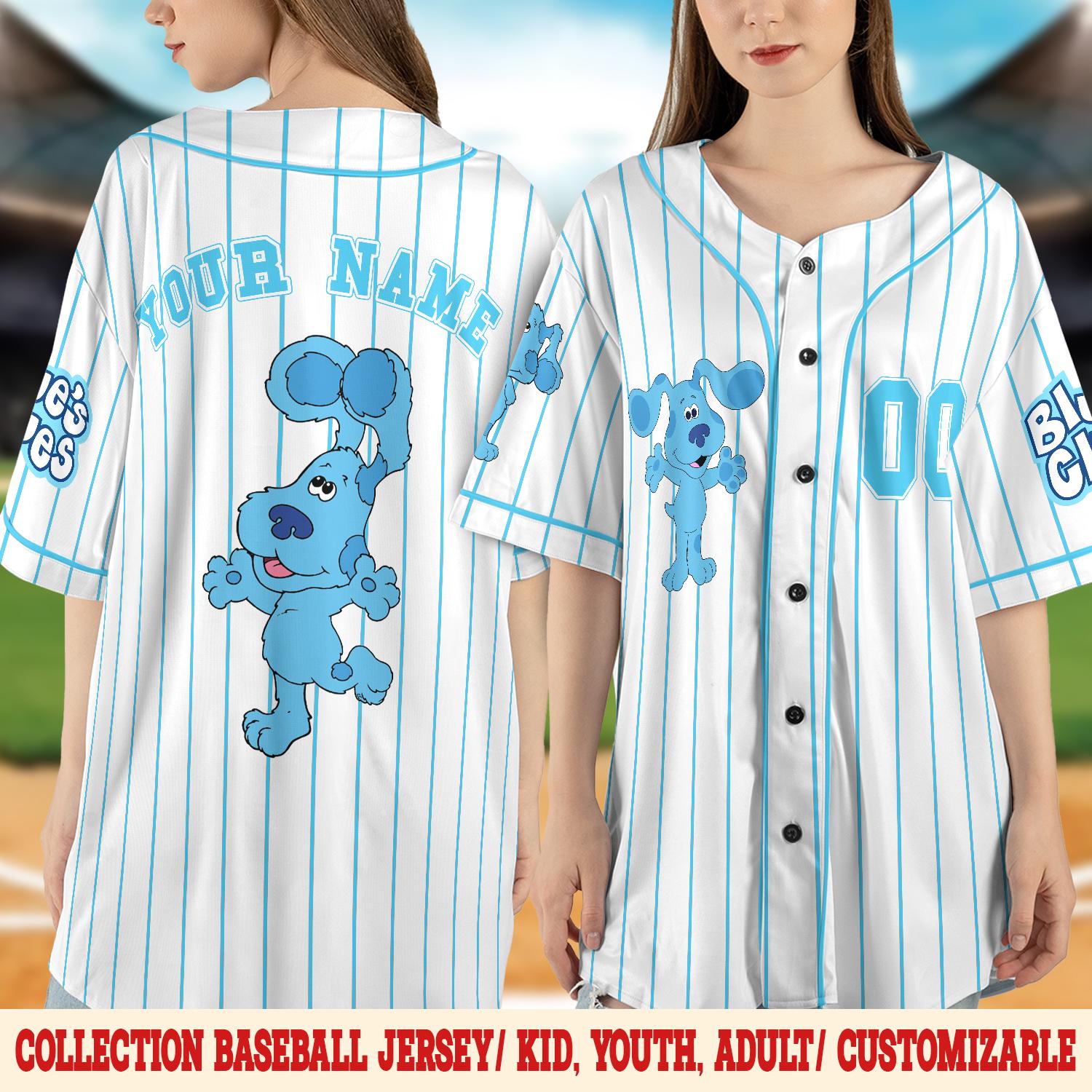 Discover Personalized Blue Clues Baseball Jersey, Blue Dog Lovers Birthday Girl Jersey, Baby Shower Birthday Boy Gift, Blue Clues Family Shirt