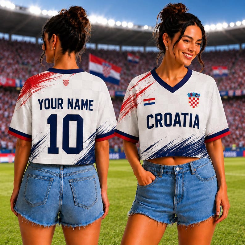 May include: A white V-neck cropped jersey featuring red and blue brushstroke accents, the text CROATIA, a small Croatian flag, and a red and white checkered crest. The back displays the text YOUR NAME and the number 10 in dark blue lettering.
