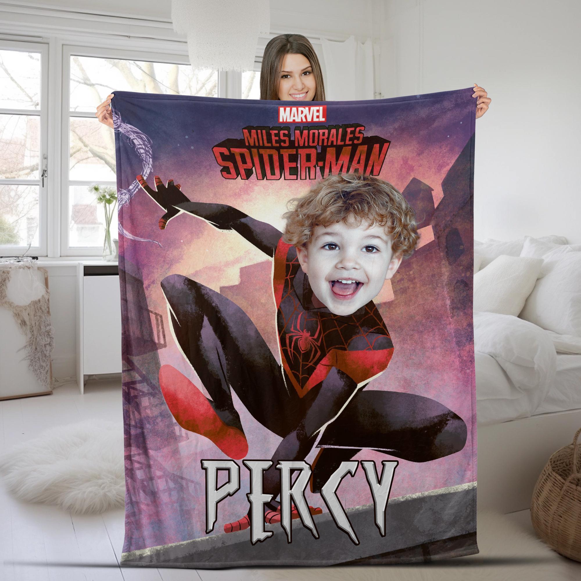 Discover Custom Spider-man With Face Blanket, Custom Photo Name, Superhero Blanket