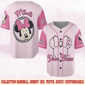 Custom Minnie Checked Baseball Jersey, Mickey and Friends Baseball Shirt, Minnie Pink Birthday Gift, Magic Kingdom Family Summer Trip NGPH10
