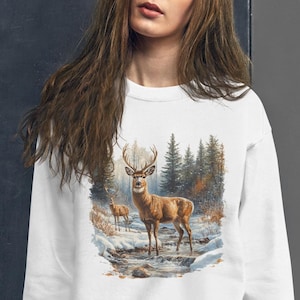 Y2K Unisex Retro Sweatshirt Deer Wilderness Scene, Nineties Vintage Buck And Doe Deer, Boho 90s Nostalgia Americana Nature Hunting Apparel