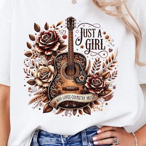 Just A Girl Who Loves Country Music PNG, Southern Country Music Sublimation, Bow, Western T-Shirt Design, Sweatshirt Brown Maroon Neutral