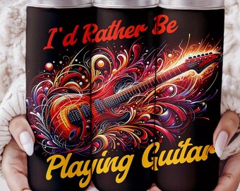 May include: Three black and gold stainless steel tumblers with a colorful graphic of an electric guitar and the text "I'd Rather Be Playing Guitar".