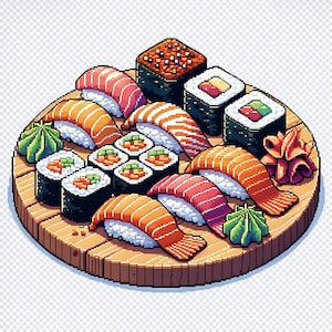 May include: A wooden platter with a variety of sushi rolls, including salmon, tuna, and cucumber. There are also several pieces of nigiri sushi and a small dish of wasabi.