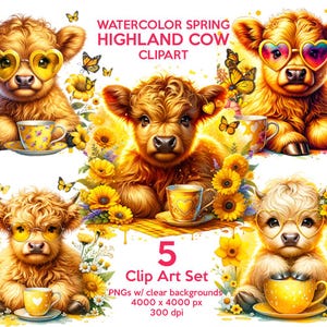 5 Watercolor Spring Highland Cow Clipart Set, Easter Spring Highland Cow Clipart Bundle, Baby Cow Clipart Bundle, Easter Sublimation Design