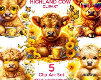 May include: Watercolor illustration of five Highland cows wearing heart-shaped sunglasses and holding teacups. The cows are surrounded by yellow flowers and butterflies. The text "WATERCOLOR SPRING HIGHLAND COW CLIPART" and "5 Clip Art Set" is visible in the image. PNGs w/ clear backgrounds 4000 x 4000 px 300 dpi