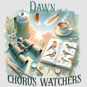 May include: A watercolor illustration of a nature scene with a book, binoculars, a thermos, a magnifying glass, a compass, a cup of tea, and a bird watching journal. The journal has illustrations of birds and the text "Scatting" on the cover. The text "DAWN CHORUS WATCHERS" is at the bottom of the image.